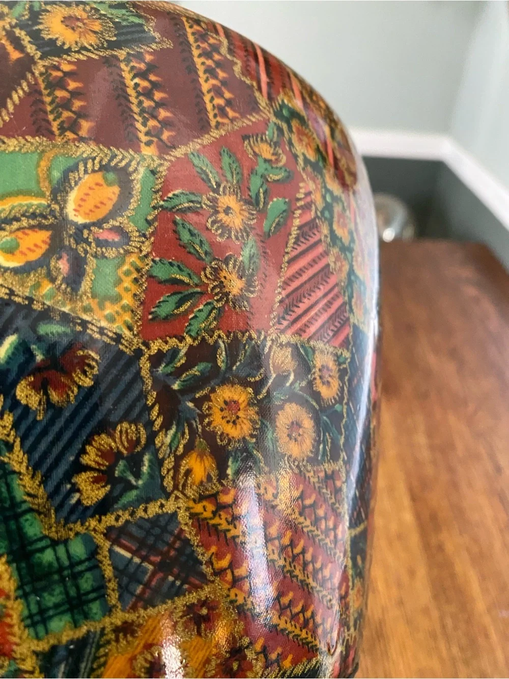 Vintage Multicolor Patchwork Floral Design Vase Colorful Boho Folk Art Vase - Picture 6 of 17